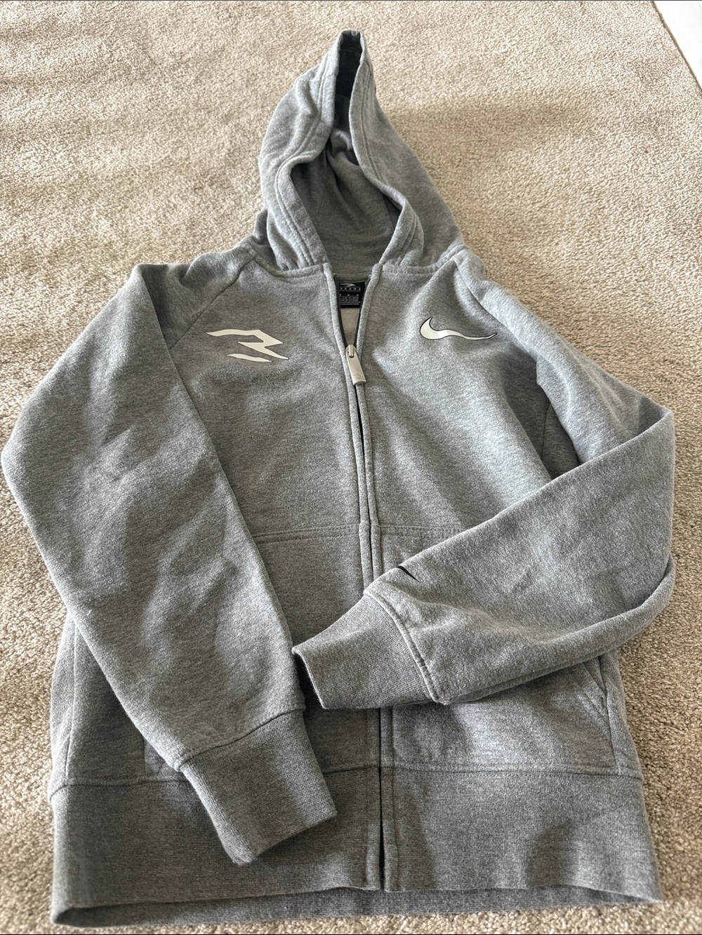 Nike Gray Full-Zip Hooded Sweatshirt with White 3brand Logos